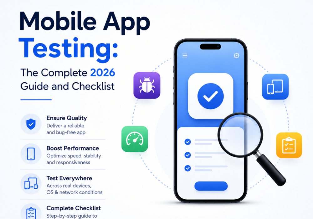 generate image of 1080 x 1080px for Mobile App Testing: The Complete 2026 Guide and Checklist