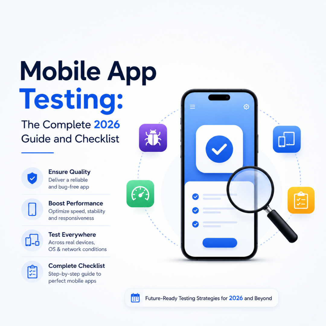 generate image of 1080 x 1080px for Mobile App Testing: The Complete 2026 Guide and Checklist